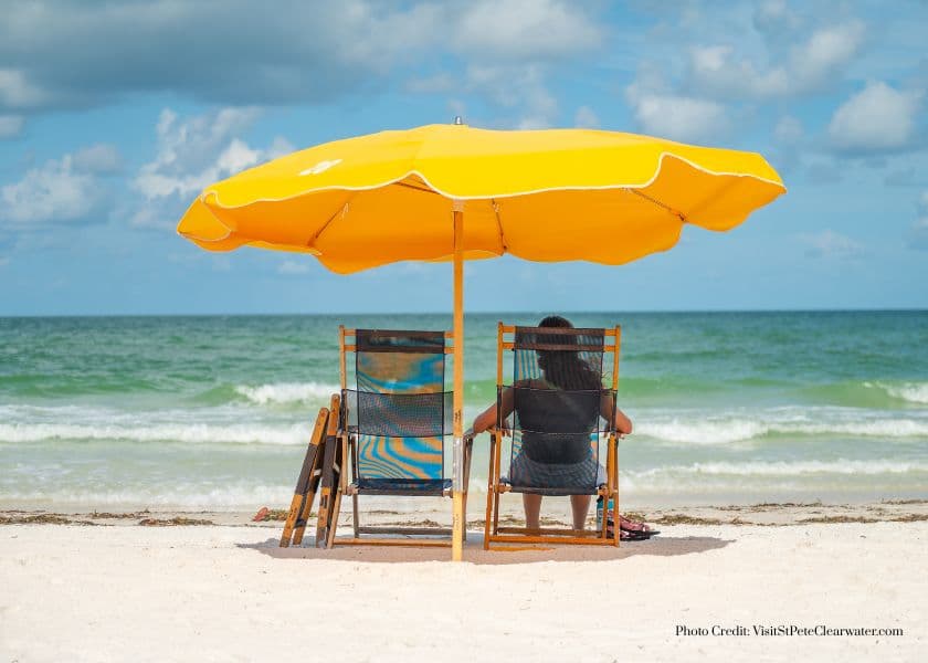 A person sits under a bright yellow umbrella on a sandy beach, facing the ocean. A person sits under a bright yellow umbrella on a sandy beach, facing the ocean.